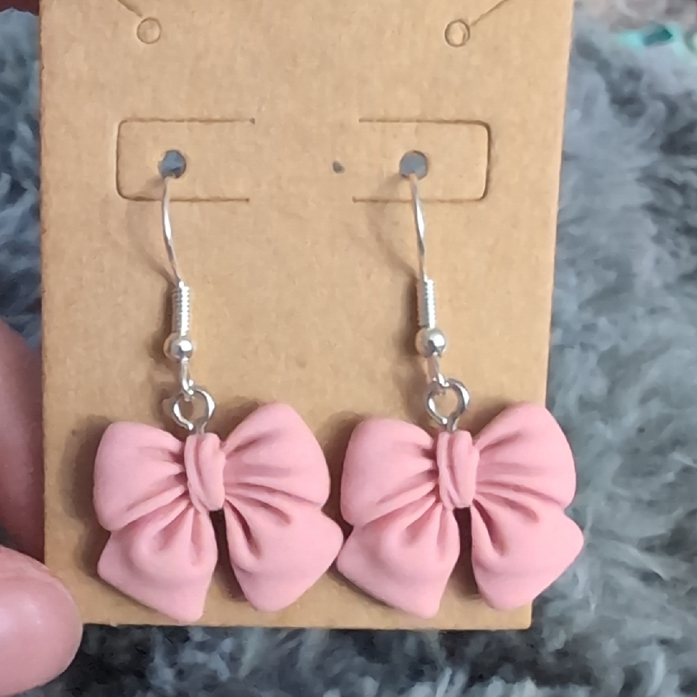 Hand Crafted Pink Bow Earrings